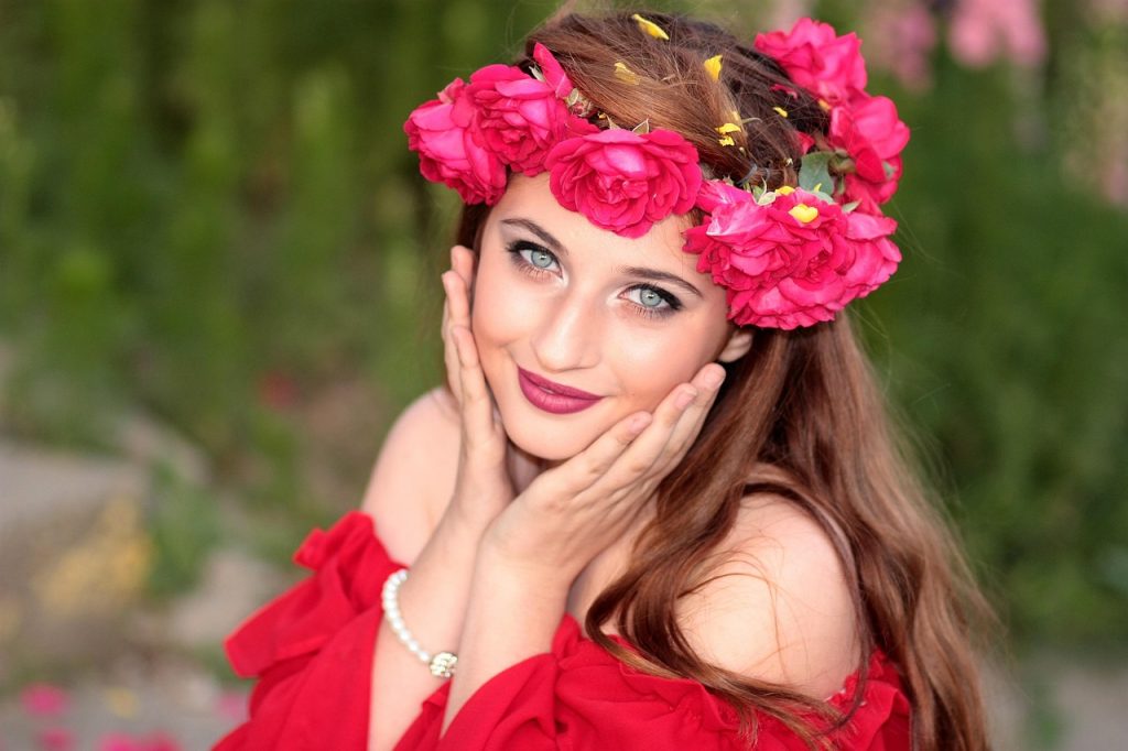 woman, beauty, wreath, fashion, beautiful, flower background, pretty, flower wallpaper, girl, female, pose, flower crown, beautiful flowers, flowers, roses, nature, model, happy, smile, portrait